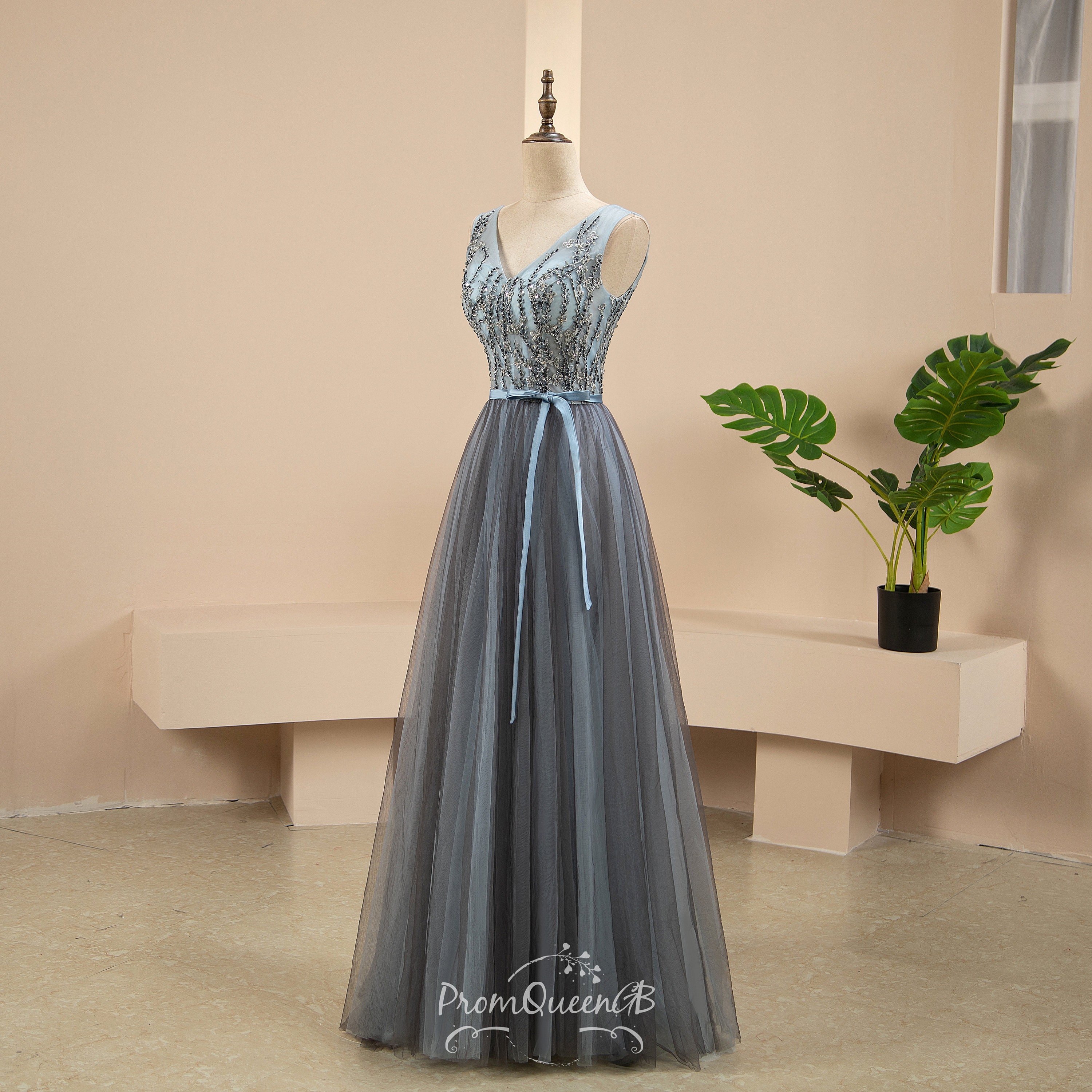 Blue Grey A Line Evening Dress with Slit #486 6A - BU Boutique