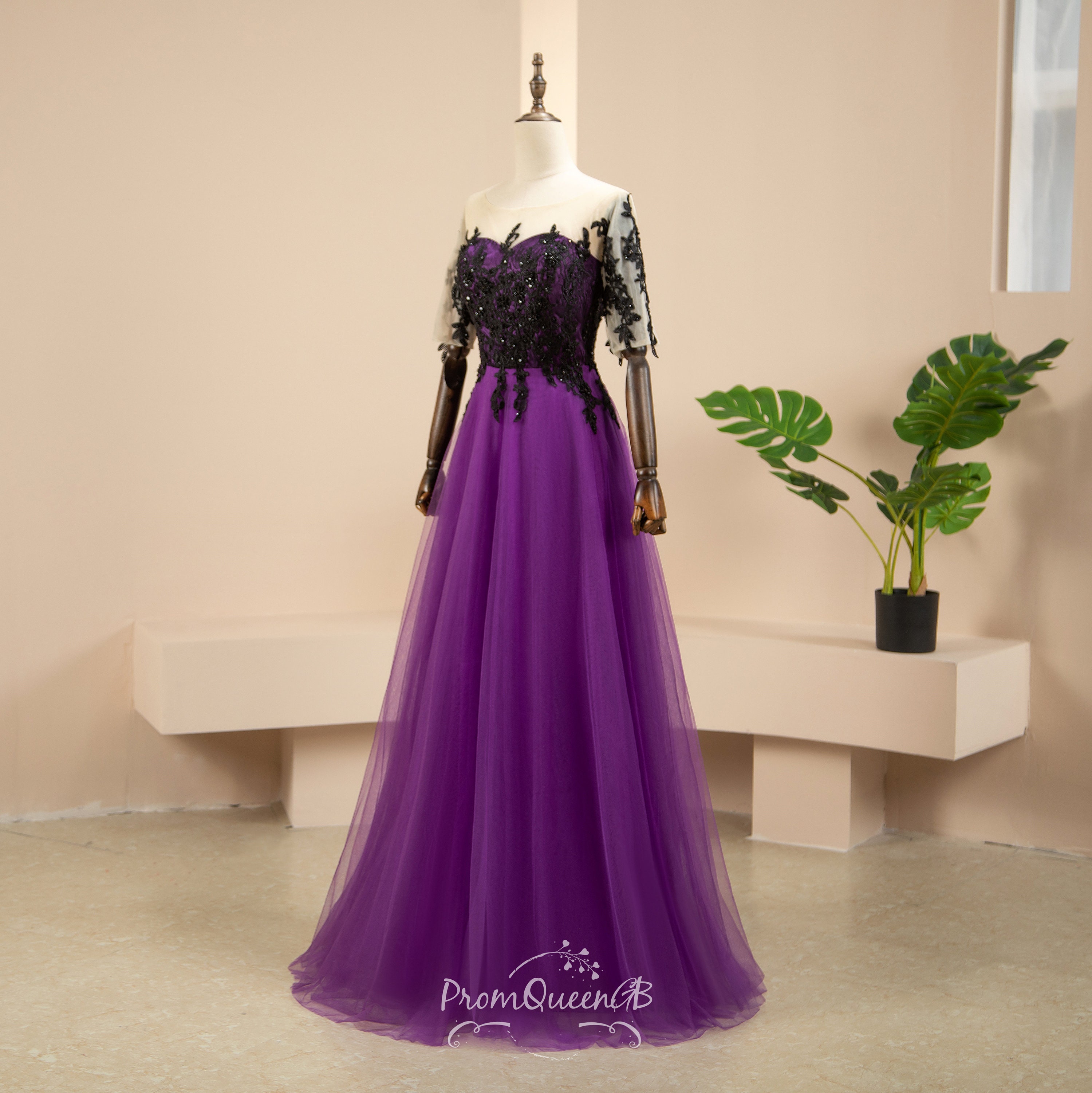 Purple Prom Dress With Black Floral Lace Appliques half Sleeve