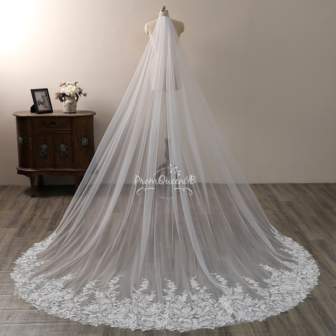 Handmade Ivory Cathedral Length Wedding Veil – 1 Tier With Floral Lace Edge And Comb – Ivory Tulle