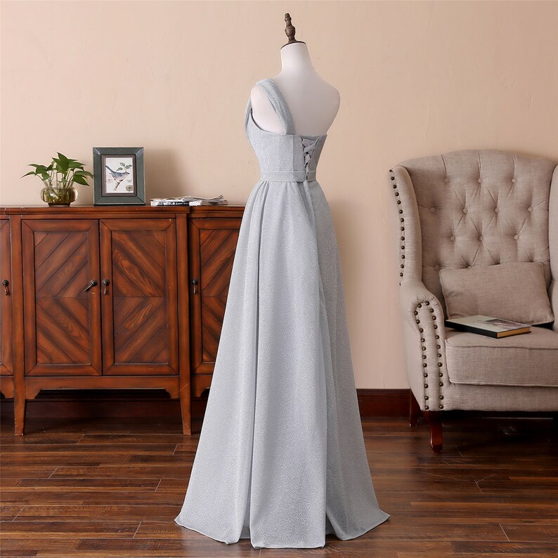 One-shoulder Prom Dress Long Dust Blue Evening Dress Sparkling Yarn Bridal Dress Low Back Wedding Dress Formal Bridal Dress Party Dress