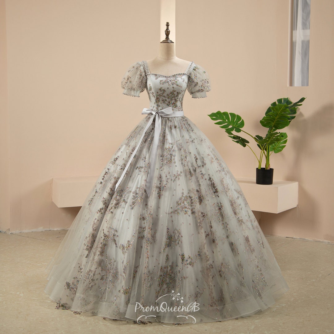 Silver Gray Sparkly Sequins Prom Dress