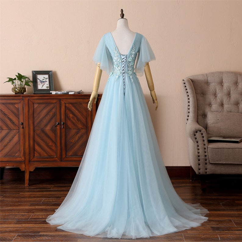 Long Pale Blue Prom Dress Tulle Bridesmaid Dress V-neck and - Etsy