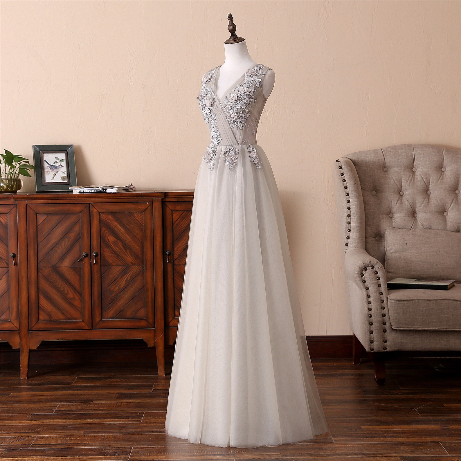 Long Beige Prom Dress V-neck Wedding Dress Elegant Appliqued - Etsy