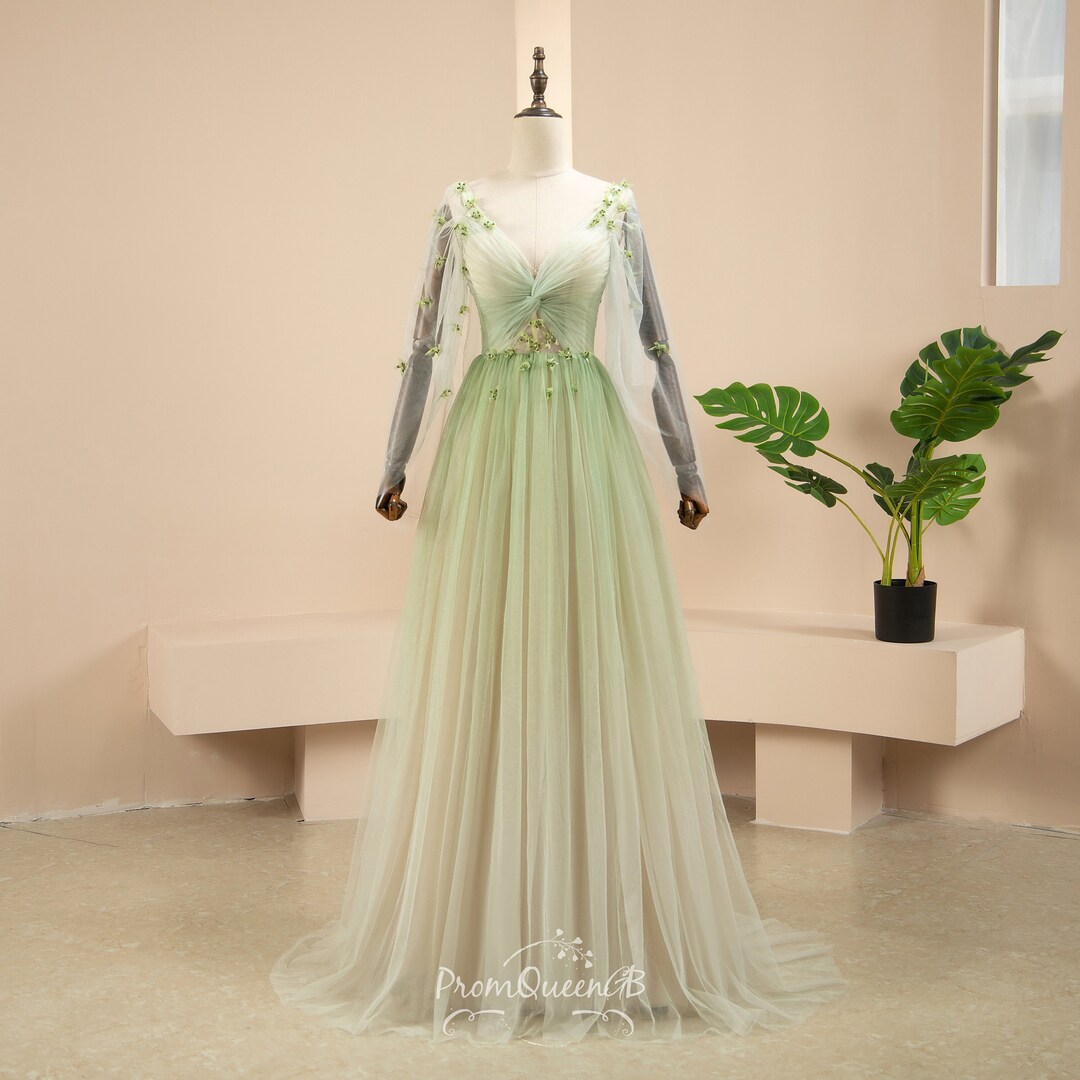 Long Sleeve Gradient Green Prom Dress, Flower Party Dress, Beaded 3D