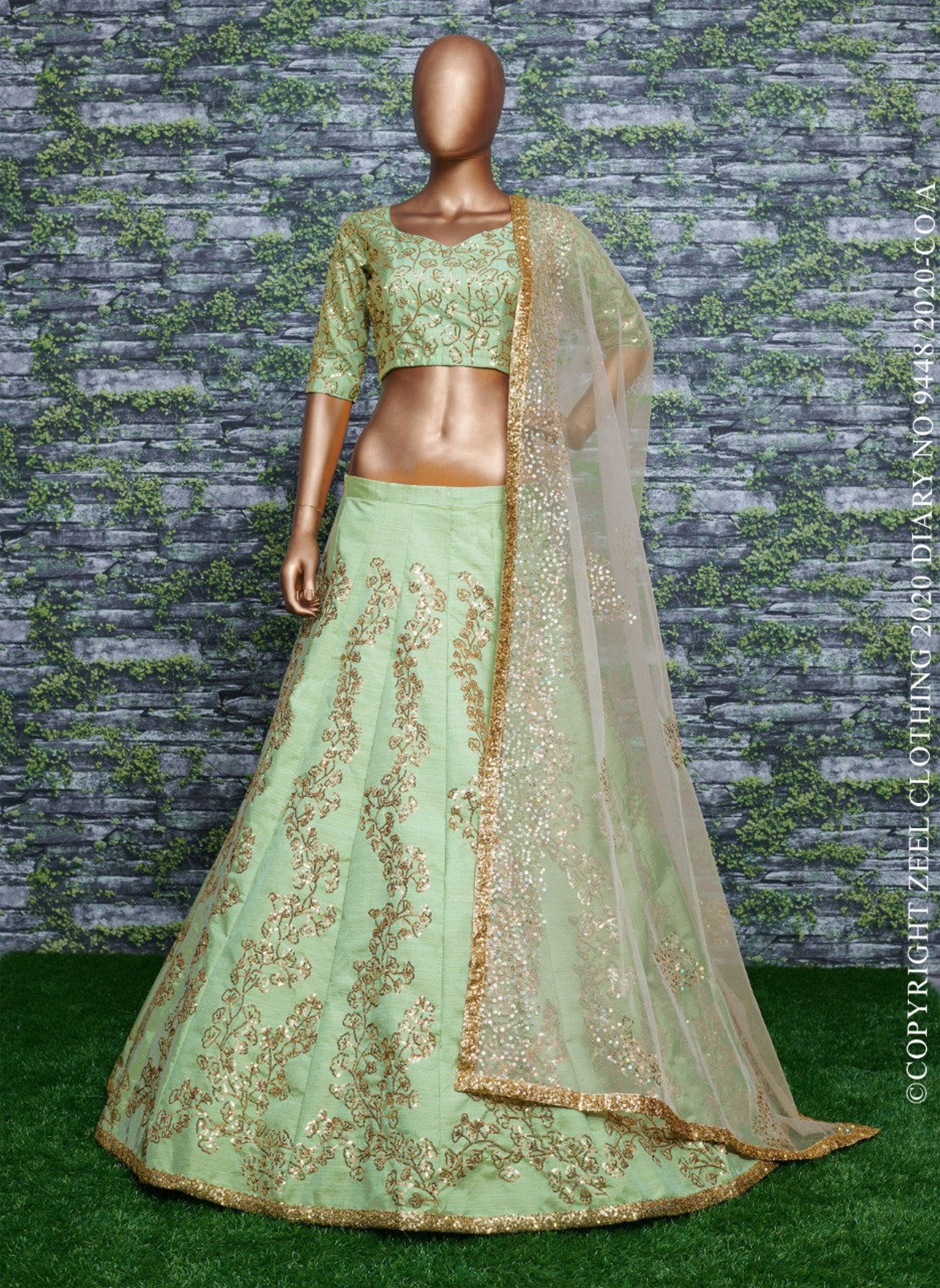 Mint Green Lehenga Choli With Golden Zari And Sequins Work Etsy