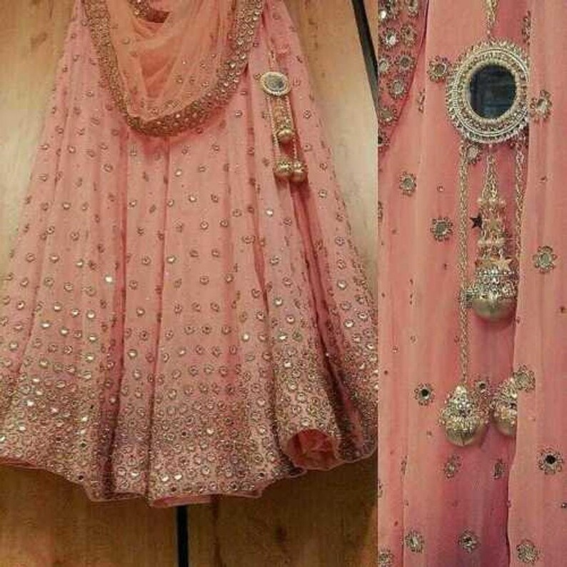 peach mirror work lehenga