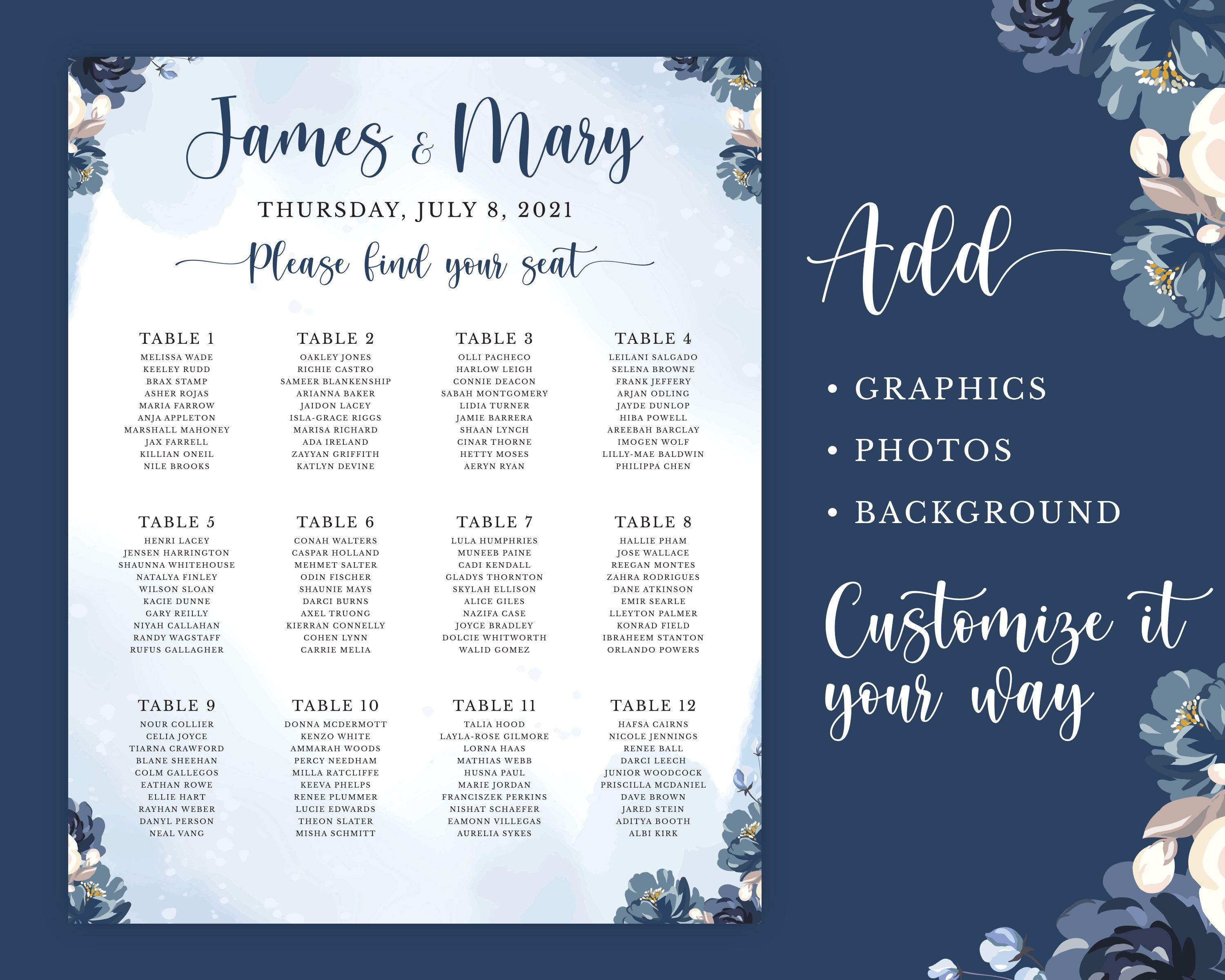 Royal Blue Wedding Seating Chart Editable Wedding Template - Etsy