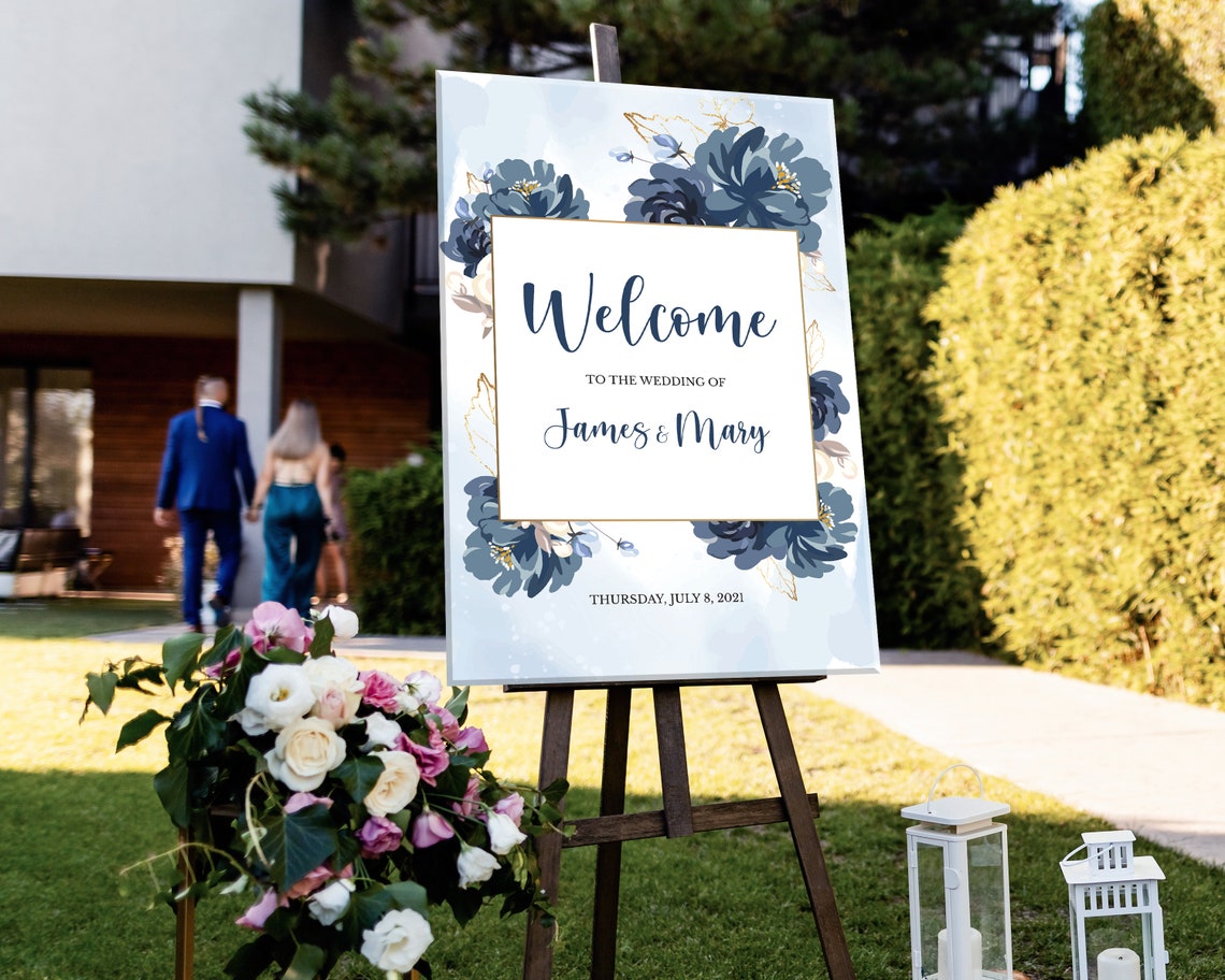 Royal Blue Floral Wedding Welcome Sign Template Editable image 1