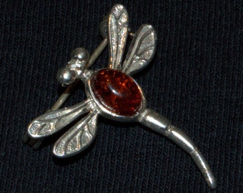 Amber and silver dragonfly brooch