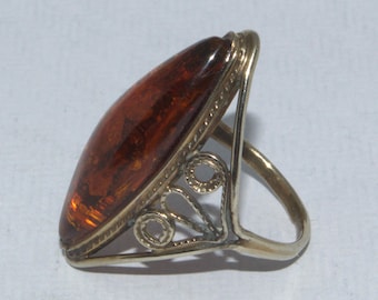 Bague Argent Massif Avec Ambre - Taille 62, Vintage - Occasion