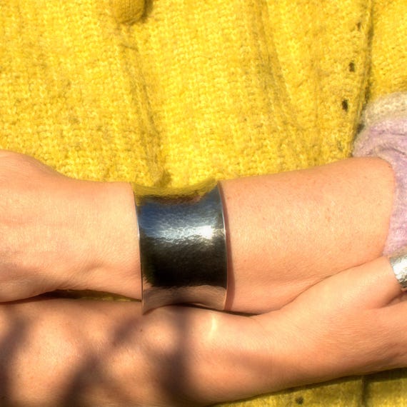 Silver Textured Cuff Bangle, Heavy Flared Open Bangle - Etsy
