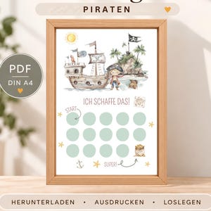 Può includere: Una tabella dei premi intitolata Belohnungstafel Piraten che raffigura una nave pirata, un personaggio con un cappello da pirata e uno scrigno. Include il testo Ich Schaffe Das, un punto di partenza e dodici cerchi di colore verde chiaro.