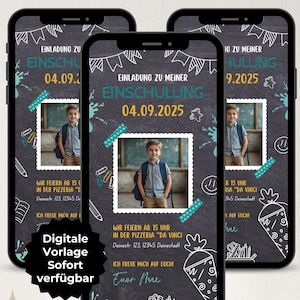 Invitation numérique pour l'inscription à l'école, garçon au tableau noir, carte d'invitation pour la rentrée scolaire, invitation pour le premier jour d'école WhatsApp, modèle Canva de carte électronique pour les écoliers
