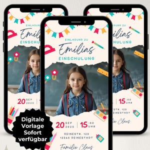 Invitation numérique pour l'inscription à l'école photo fille, carte d'invitation pour la rentrée scolaire, invitation pour le premier jour d'école WhatsApp, modèle Canva ecard pour écolier