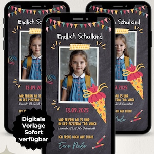 Convite digital para o primeiro dia de aula das meninas, cartão de convite para a volta às aulas, convite para o primeiro dia de aula do WhatsApp, modelo de cartão eletrônico do Canva para crianças em idade escolar