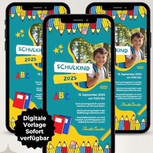 Digitale Einladung Einschulung Junge, Einladungskarte Schulanfang, Einladung erster Schultag WhatsApp, ecard Canva Vorlage Schulkind Stifte