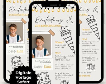 Può includere: Tre smartphone che mostrano un modello di invito digitale per l'inizio della scuola. Lo schermo presenta la foto di un bambino, un cono scolastico, uno zaino e dei libri, con il testo Einladung zur Einschulung, Wann, Wo e Familie Peters.