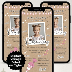 Digitale Einladung Einschulung Schultüte, Einladungskarte Schulanfang Mädchen, Einladung erster Schultag, ecard Vorlage WhatsApp Schulkind