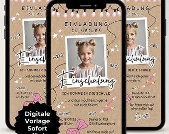 Digital invitation school enrollment school cone, invitation card back to school girl, invitation first day of school, ecard template WhatsApp schoolchild