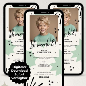 Digital invitation children's birthday, WhatsApp invitation boy, mobile eCard birthday with photo, Canva template customizable, download