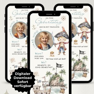 Invito digitale compleanno bambini, festa pirata, ragazzo pirata, invito WhatsApp con foto, eCard compleanno personalizzato, modello Canva