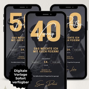 Digitale uitnodiging 30e 40e 50e verjaardag man, uitnodiging eCard WhatsApp met nummer, mobiele telefoon uitnodiging, uitnodigingskaart downloaden, Canva sjabloon