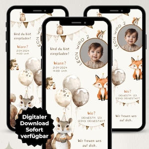 Digital invitation children's birthday, WhatsApp invitation 1st birthday forest animals fox owl, eCard birthday boy photo, Canva template