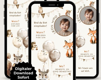 Könnte beinhalten: Eine digitale Einladung zu einer 2. Geburtstagsfeier mit Wald-Thema. Die Einladung zeigt einen niedlichen Fuchs, Eichhörnchen und Eule, sowie Ballons und ein Banner mit der Aufschrift "Leon wird 2". Die Einladung enthält auch den Text "Und du bist eingeladen!" und "Wann? 21.09.2024 14:00 Uhr".