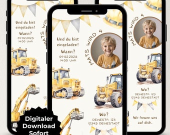 Digital children's birthday invitation with excavator theme, construction site birthday for a boy, customizable WhatsApp invitation, eCard template for Canva
