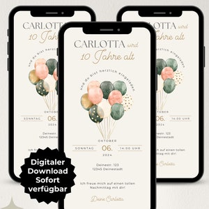 Digital invitation children's birthday, WhatsApp invitation customizable, mobile eCard, birthday invitation Canva template girl balloon