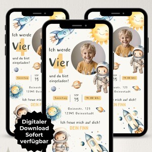 Convite digital para espaço de aniversário infantil, aniversariante astronauta, convite customizável para WhatsApp, modelo eCard Canva