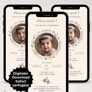 Invito digitale compleanno bambini, 1° compleanno fiori boho, invito WhatsApp foto ragazza ecard compleanno, download modello Canva