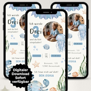 写真付きの子供の誕生日の男の子のデジタル招待状、水中世界、カスタマイズ可能な WhatsApp 招待状、e カード誕生日 Canva テンプレート