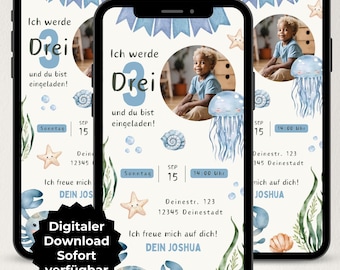Invitación de cumpleaños digital para niño con foto, mundo submarino, invitación personalizable para WhatsApp, plantilla Canva de cumpleaños para tarjeta electrónica