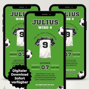 Convite digital para aniversário infantil, aniversariante de futebol, convite personalizável para WhatsApp, cartão de convite modelo eCard Canva