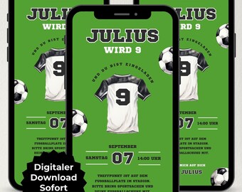 Digitale uitnodiging voor een verjaardagsfeestje met voetbalthema, aanpasbare Canva-sjabloon voor WhatsApp, digitale uitnodigingskaart voor kinderfeestjes en voetbalfeestjes