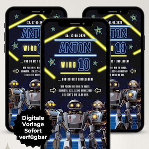 Digitale Einladung 10. Geburtstag Junge Roboter, WhatsApp ecard Geburtstag 10 Jahre, Einladungskarte digital, Geburtstagseinladung Vorlage