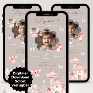 Invitación digital para cumpleaños infantil con hadas, invitación de cumpleaños para niñas con foto, invitación de WhatsApp personalizable, plantilla Canva