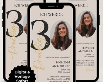 Digital birthday invitation with photo number, WhatsApp invitation, eCard, customizable birthday invitation for 30th, 40th, 50th birthdays, Canva template