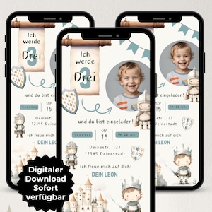 Digital invitation children&#39;s birthday, boy, knight, WhatsApp invitation mobile with photo, eCard birthday personalized, Canva template
