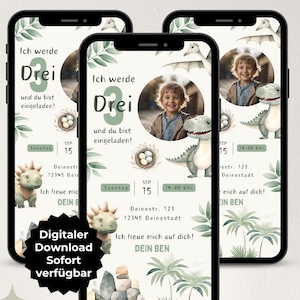 Invitación digital cumpleaños infantil, invitación WhatsApp dinosaurio, eCard cumpleañero, invitación foto personalizada, plantilla Canva digital