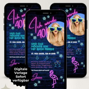 Digitale Einladung 40. Geburtstag Flamingo, WhatsApp Einladung 80er Mottoparty, eCard Einladung 80s mit Foto, Geburtstagseinladung Vorlage