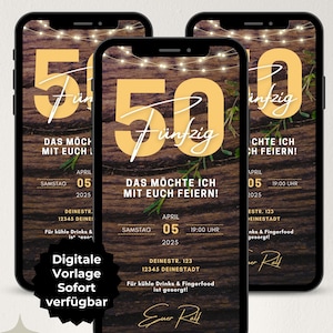 デジタル招待状 50 歳の誕生日、WhatsApp eCard 招待状、デジタル招待状誕生日男性、カスタマイズ可能な誕生日招待状テンプレート