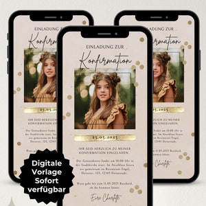 Digital invitation confirmation girl gold, WhatsApp invitation with photo, communion, confirmation, ecard invitation digital, Canva template