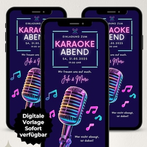 Invitation numérique soirée karaoké, soirée à thème années 80, invitation WhatsApp soirée néon, invitation eCard microphone, modèle de carte d'invitation numérique