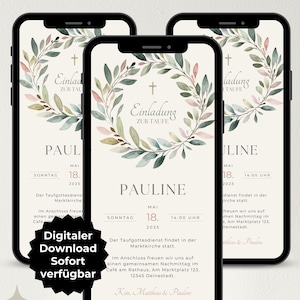 Digitale Einladung Taufe Mädchen Blumen Kranz, Einladung zum Versenden per WhatsApp, ecard personalisierbar, Taufeinladung, Canva Vorlage