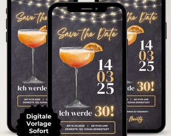 Digitale Einladung 30. Geburtstag Aperol, Save the Date, WhatsApp Einladung, eCard Geburtstag Cocktail, Vorlage Einladungskarte digital