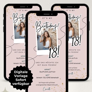 Digitale Einladung 18 Geburtstag, Teenager, Volljährigkeit, Whats App ecard Einladung, Handy Einladung Foto, Einladungskarte Vorlage digital