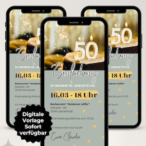 Digital invitation 50th birthday candle number, WhatsApp eCard invitation woman, mobile invitation, invitation card birthday template digital