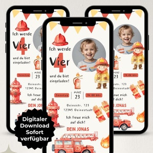Digitale Einladung Kindergeburtstag, Feuerwehr Geburtstag Junge, personalisierbare WhatsApp Einladung, ecard, Einladungskarte Canva Vorlage
